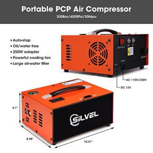 SILVEL PCP Air Compressor, PCP Compressor 4500Psi/30Mpa with Built-in Power Adapter, Auto-shutoff, Oil &Water-Free, Power by 110V /220V AC or 12V DC