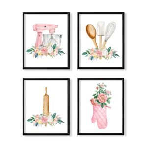 Kitchen Dining Wall Art Decor - Gift for Cooks and Chefs - Vintage Floral Flower Kitchen Signs - Pink Kitchen Poster Prints - Spoon Mixer Gloves Pictures for Kitchen Dining - Holiday Restaurant Décor