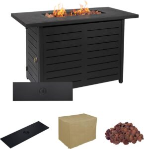 lokingrise 42 inch outdoor propane fire pit table for outside patio rectangular gas fire pit coffee table with firepit, 50,000 btu, waterproof cover, electronic ignition, lava rock