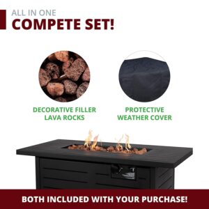 Lokingrise 42 Inch Outdoor Propane Fire Pit Table for Outside Patio Rectangular Gas Fire Pit Coffee Table with Firepit, 50,000 BTU, Waterproof Cover, Electronic Ignition, Lava Rock