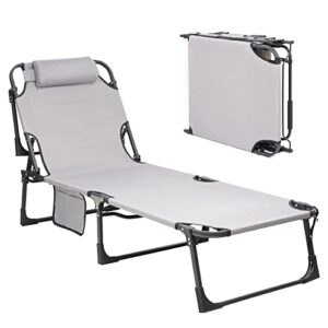 hongbei lounge cot chairs, adjustable reclining folding chaise lounge with pillow, outdoor portable folding lounge chair for camping, pool, beach, patio,grey.