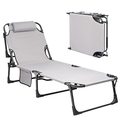 HONGBEI lounge cot chairs, Adjustable Reclining Folding Chaise Lounge with Pillow, Outdoor Portable Folding Lounge Chair for Camping, Pool, Beach, Patio,Grey.