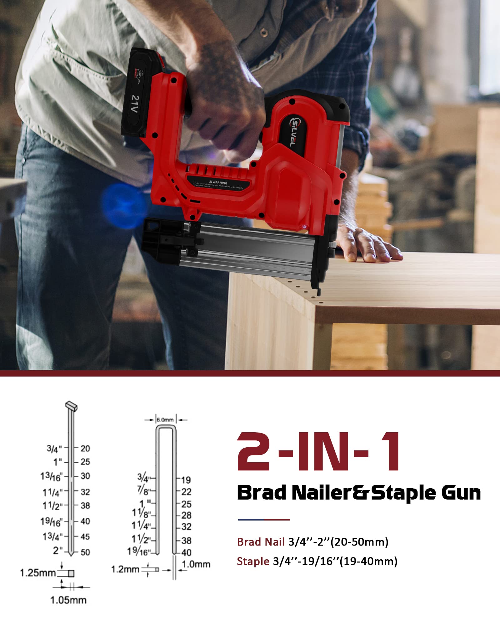 SILVEL 20V Cordless Stapler/Nail, 18GA Nails/Staple, 2 in 1 Cordless Nail Gun, Cordless Brad Nailer with 2.0A Lithium-Ion Battery, Single or Contact Firing for Woodworking,Home Improvement, Pink