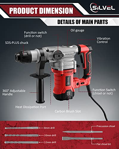 SILVEL 1-1/4 Inch SDS-Plus Hammer Drill, 13 Amp 1500W Rotary Hammer Drill, Heavy Duty Drill with 4 Functions, Demolition Hammer with 3 Drill Bits, Flat Chisels, Point Chisels