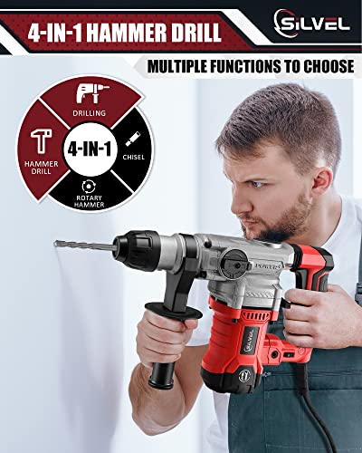 SILVEL 1-1/4 Inch SDS-Plus Hammer Drill, 13 Amp 1500W Rotary Hammer Drill, Heavy Duty Drill with 4 Functions, Demolition Hammer with 3 Drill Bits, Flat Chisels, Point Chisels