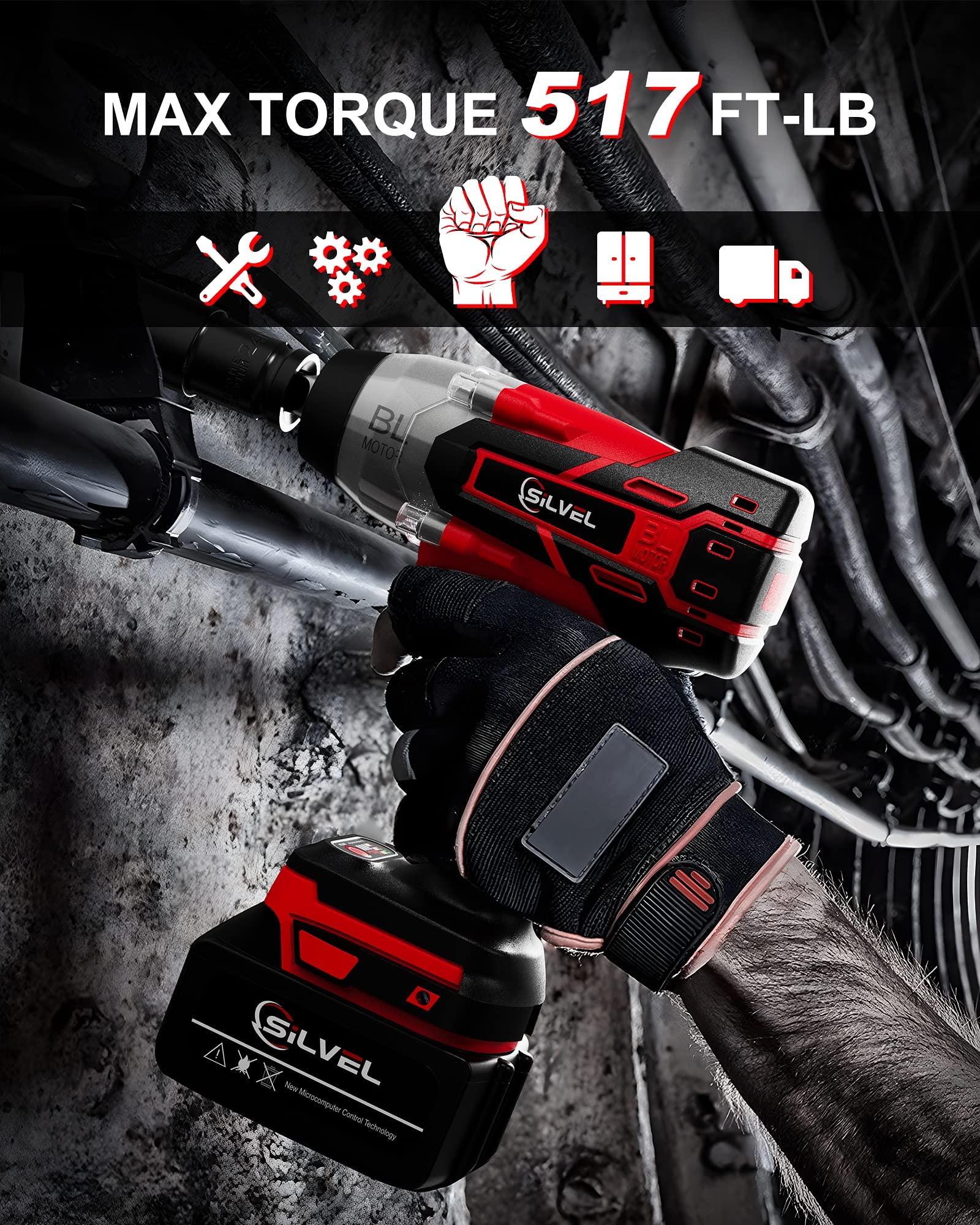 SILVEL 21V Cordless Impact Wrench 1/2 inch, 517 Ft-lbs (700N.m) Max Torque, Brushless Impact Driver with 1.5Ah Li-ion Battery, 6 Sockets, Power Impact Gun