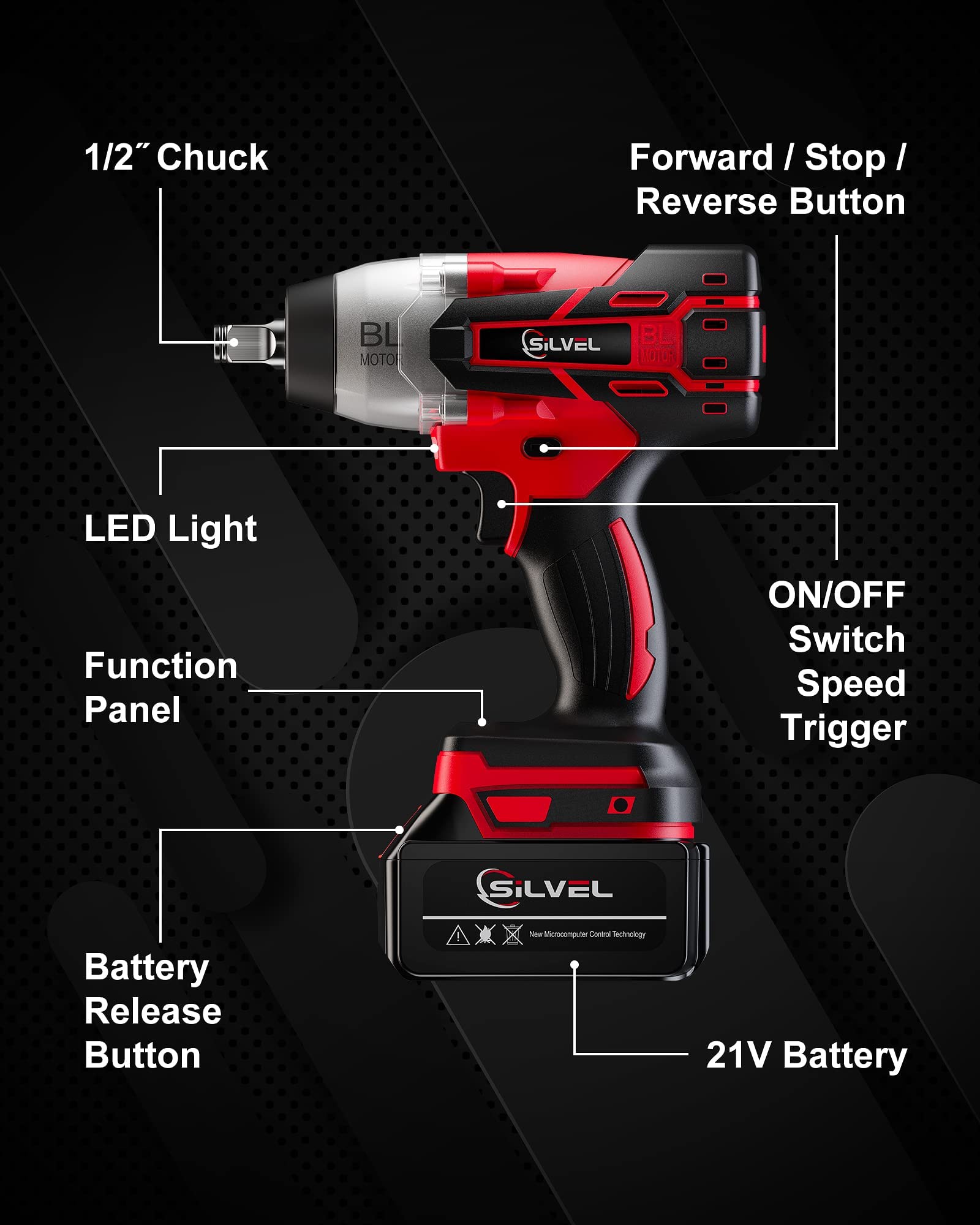 SILVEL 21V Cordless Impact Wrench 1/2 inch, 517 Ft-lbs (700N.m) Max Torque, Brushless Impact Driver with 1.5Ah Li-ion Battery, 6 Sockets, Power Impact Gun