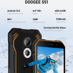 DOOGEE S51 Rugged Smartphone Unlocked Android 12, Helio G25 4GB+64GB 5180mAh Battery, Dual SIM 4G, 6.0" IPS HD, IP68 Waterproof IP69K Rugged Phone, NFC, AI Double Camera (12MP+2MP) 8MP Front Orange