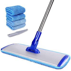 18" professional microfiber mop floor cleaning mop, flat mop with stainless steel handle,4 reusable washable mop pads and mop pads brush,microfiber mop for hardwood, laminate, tile floor cleaning
