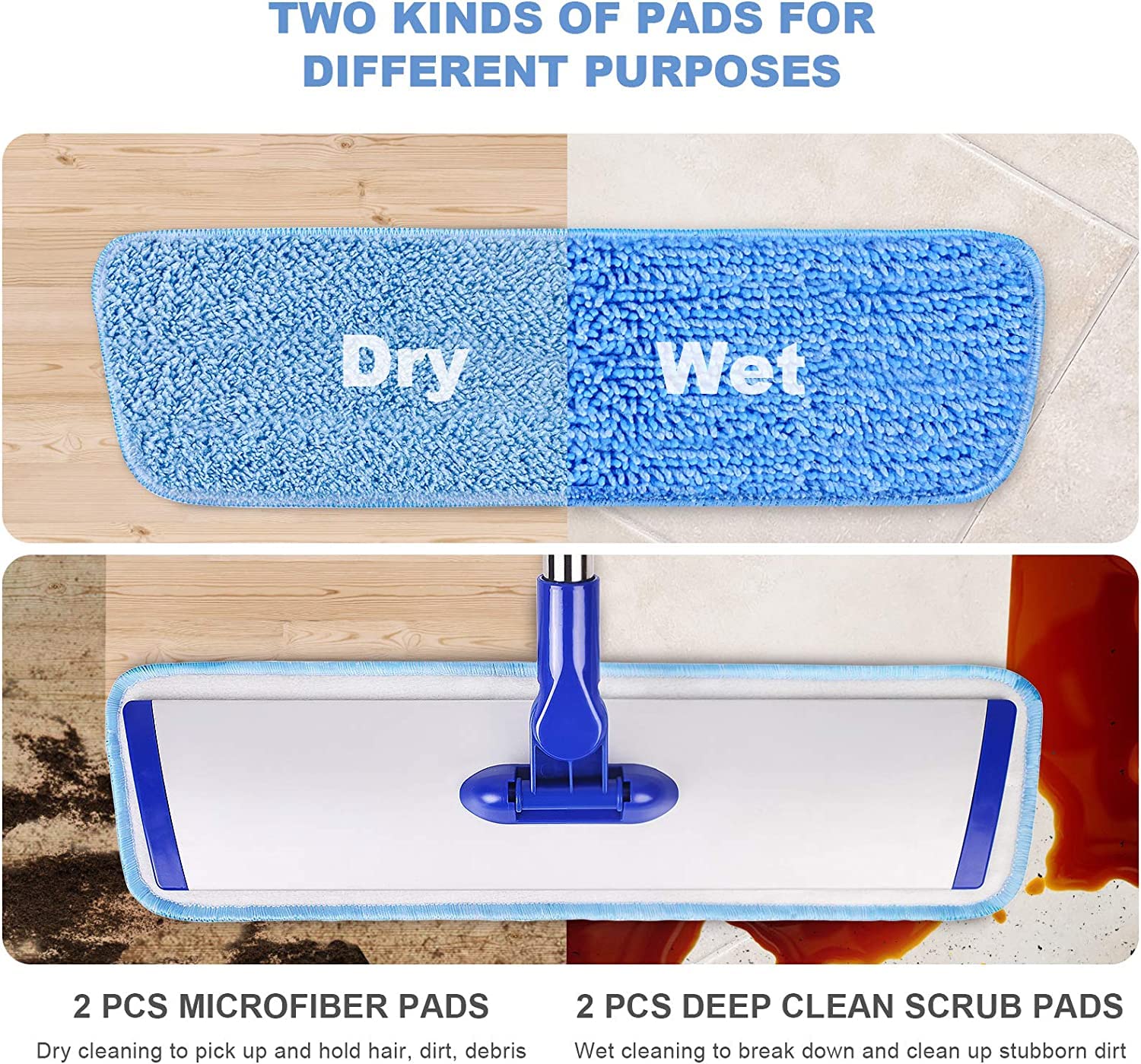 18" Professional Microfiber Mop Floor Cleaning mop, Flat Mop with Stainless Steel Handle,4 Reusable Washable Mop Pads and mop Pads Brush,Microfiber Mop for Hardwood, Laminate, Tile Floor Cleaning