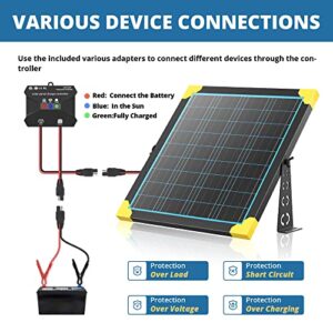 Voltset 20W 12V Solar Panel Kit, Solar Battery Trickle Charger Maintainer with MPPT Solar Charge Controller, Extension Cable Clips O-Ring Terminal & Adjustable Mount Bracket for Car Motorcycle Marine