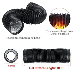 Harapu 6 Inch 10 Feet Black Air Ducting, Flexible 3m Length Aluminum Dryer Vent Hose for HVAC Ventilation System with 2 Clamps