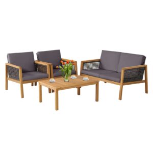 patiojoy 4 pieces outdoor acacia wood furniture sofa set, outdoor pe wicker conversation set with coffee table and soft cushions for garden, poolside and backyard (1, grey)