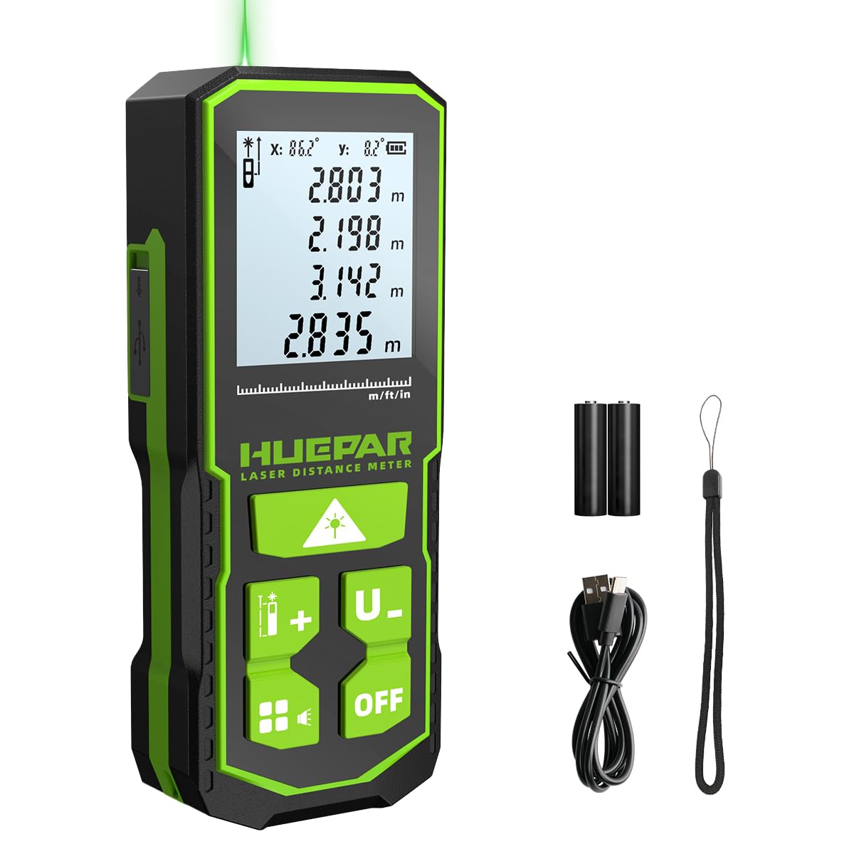 Huepar Laser Distance Measure Green Beam 328Ft, Digital Meter with Angle Sensor, LCD Backlit Display, Rechargeable Laser Measurement Tool M/in/Ft/Ft+in, Pythagorean/Area/Volume Measuring-S2-LM100