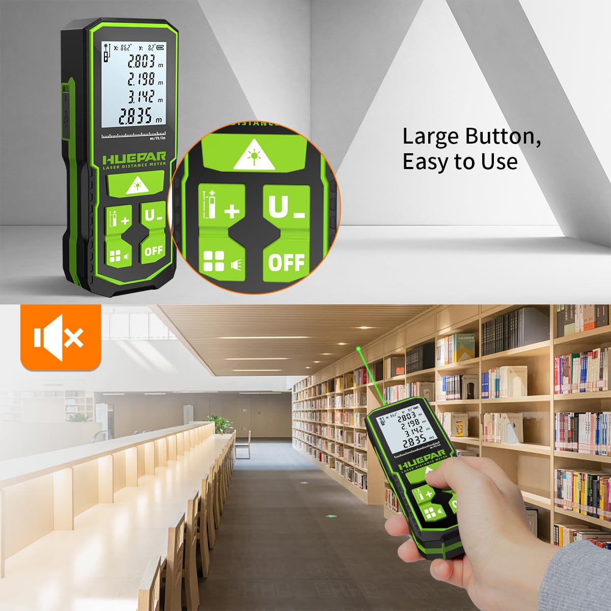 Huepar Laser Distance Measure Green Beam 328Ft, Digital Meter with Angle Sensor, LCD Backlit Display, Rechargeable Laser Measurement Tool M/in/Ft/Ft+in, Pythagorean/Area/Volume Measuring-S2-LM100