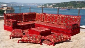 red l shaped corner arabic sofa seating, arabic majlis, sectional sofas, moroccan livingroom home decor, turkish floor sofas (l sofa full set)