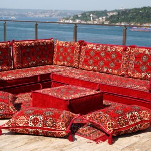 Red L Shaped Corner Arabic Sofa Seating, Arabic Majlis, Sectional Sofas, Moroccan Livingroom Home Decor, Turkish Floor Sofas (L Sofa Full Set)