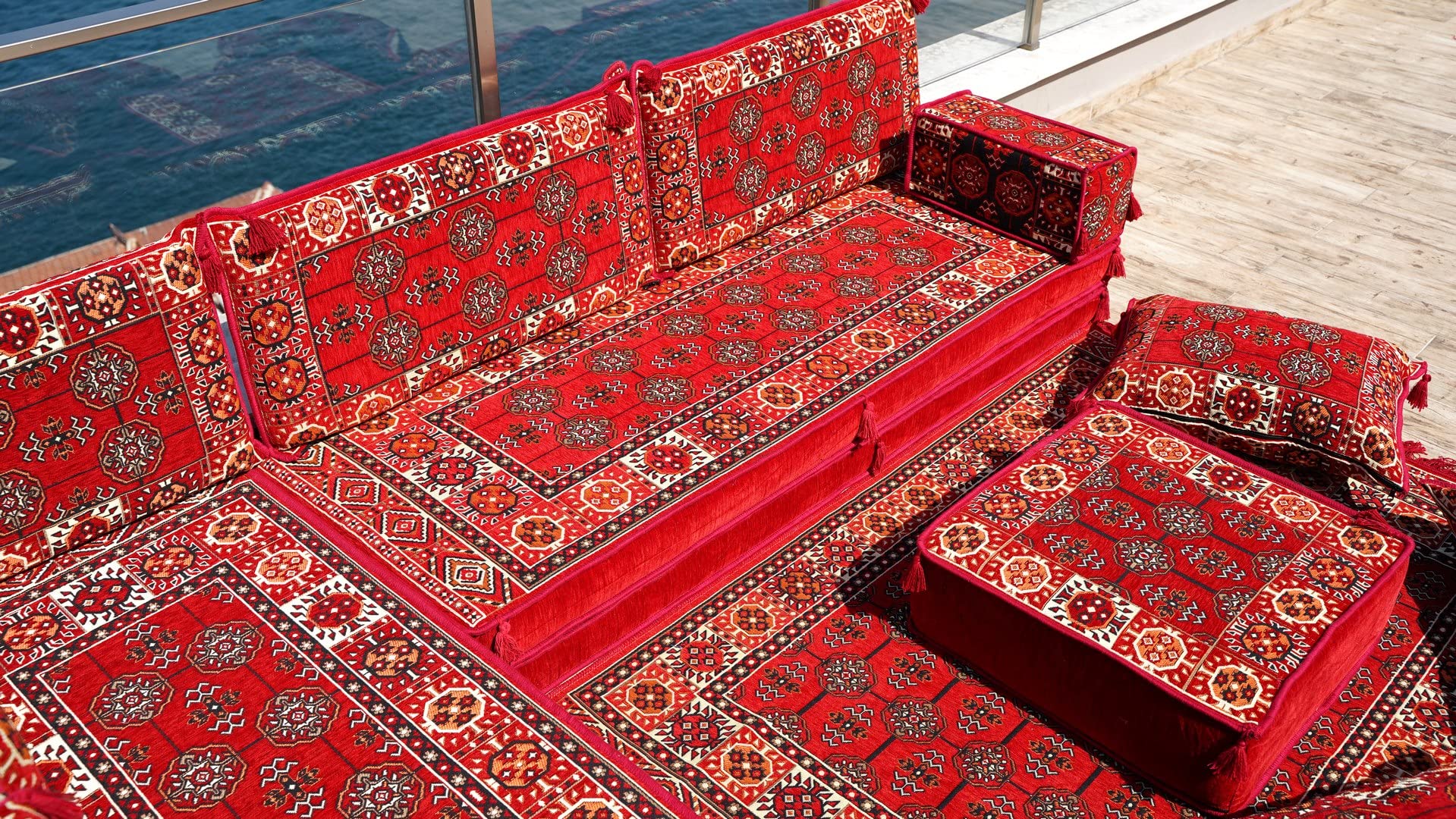 Red L Shaped Corner Arabic Sofa Seating, Arabic Majlis, Sectional Sofas, Moroccan Livingroom Home Decor, Turkish Floor Sofas (L Sofa Full Set)