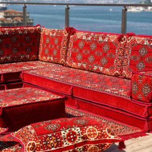 Red L Shaped Corner Arabic Sofa Seating, Arabic Majlis, Sectional Sofas, Moroccan Livingroom Home Decor, Turkish Floor Sofas (L Sofa Full Set)