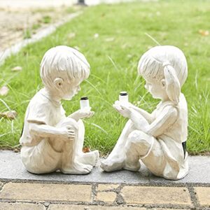 Large Garden Children Statues Light Up Firefly Jar Solar Powered | Set of 2 Figurines | Girl & Boy Garden Yard Art Décor, Indoor & Outdoor Ornament Gifts for Lawn, Patio, 7.5" W x11.8”H Cream…