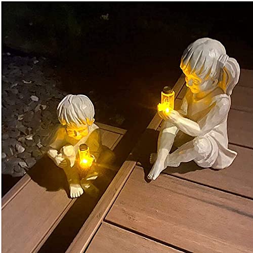 Large Garden Children Statues Light Up Firefly Jar Solar Powered | Set of 2 Figurines | Girl & Boy Garden Yard Art Décor, Indoor & Outdoor Ornament Gifts for Lawn, Patio, 7.5" W x11.8”H Cream…