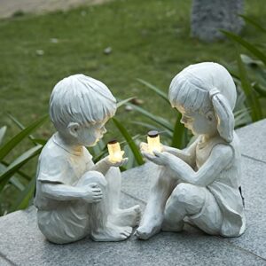 Large Garden Children Statues Light Up Firefly Jar Solar Powered | Set of 2 Figurines | Girl & Boy Garden Yard Art Décor, Indoor & Outdoor Ornament Gifts for Lawn, Patio, 7.5" W x11.8”H Cream…