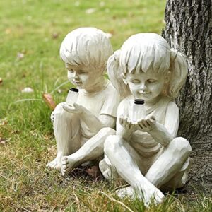 Large Garden Children Statues Light Up Firefly Jar Solar Powered | Set of 2 Figurines | Girl & Boy Garden Yard Art Décor, Indoor & Outdoor Ornament Gifts for Lawn, Patio, 7.5" W x11.8”H Cream…