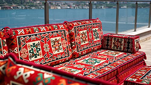 Corner Floor Seating, L Shaped Sofa Set,Turkish Sofa Set, Floor Couch, Oriental Floor Seating, Seating Sofa, Ethnic Sofa,Bohemian Furniture (L Sofa + Rug + Poufs)