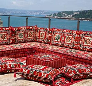 Corner Floor Seating, L Shaped Sofa Set,Turkish Sofa Set, Floor Couch, Oriental Floor Seating, Seating Sofa, Ethnic Sofa,Bohemian Furniture (L Sofa + Rug + Poufs)