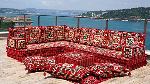 Corner Floor Seating, L Shaped Sofa Set,Turkish Sofa Set, Floor Couch, Oriental Floor Seating, Seating Sofa, Ethnic Sofa,Bohemian Furniture (L Sofa + Rug + Poufs)