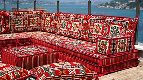 Corner Floor Seating, L Shaped Sofa Set,Turkish Sofa Set, Floor Couch, Oriental Floor Seating, Seating Sofa, Ethnic Sofa,Bohemian Furniture (L Sofa + Rug + Poufs)