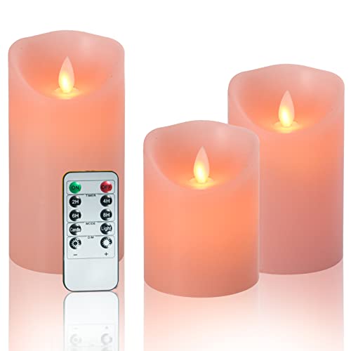 Flameless LED Battery Operated Flickering Candles: 4" 5" 6" Set of 3 Pink Real Wax Pillar Dancing Flame 10-Key Remote Control Candle Lights 300Hours For Holiday,Gifts, Thanksgiving, Christmas, Wedding