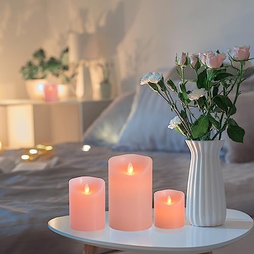 Flameless LED Battery Operated Flickering Candles: 4" 5" 6" Set of 3 Pink Real Wax Pillar Dancing Flame 10-Key Remote Control Candle Lights 300Hours For Holiday,Gifts, Thanksgiving, Christmas, Wedding