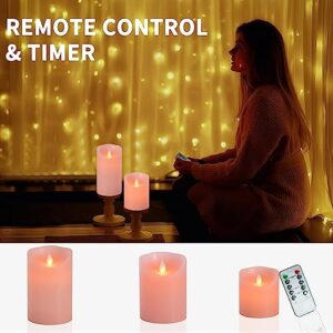 Flameless LED Battery Operated Flickering Candles: 4" 5" 6" Set of 3 Pink Real Wax Pillar Dancing Flame 10-Key Remote Control Candle Lights 300Hours For Holiday,Gifts, Thanksgiving, Christmas, Wedding