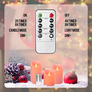 Flameless LED Battery Operated Flickering Candles: 4" 5" 6" Set of 3 Pink Real Wax Pillar Dancing Flame 10-Key Remote Control Candle Lights 300Hours For Holiday,Gifts, Thanksgiving, Christmas, Wedding