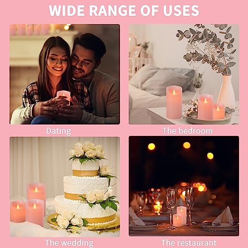 Flameless LED Battery Operated Flickering Candles: 4" 5" 6" Set of 3 Pink Real Wax Pillar Dancing Flame 10-Key Remote Control Candle Lights 300Hours For Holiday,Gifts, Thanksgiving, Christmas, Wedding