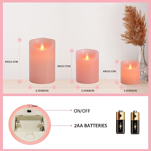 Flameless LED Battery Operated Flickering Candles: 4" 5" 6" Set of 3 Pink Real Wax Pillar Dancing Flame 10-Key Remote Control Candle Lights 300Hours For Holiday,Gifts, Thanksgiving, Christmas, Wedding