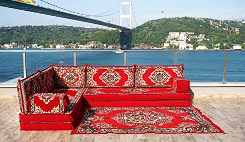Floral Floor Sofa Seating Set, Arabic Floor Sofa Set, Garden Sofas, Oriental Floor Seating, Floor Cushions, Floor Couches, Arabic Majlis (L Sofa + Rug)