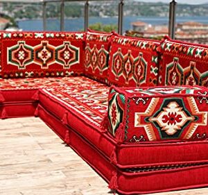 Red L Shaped Sectional Sofa, Terrace Arabic Sofa, Floor Cushions, Arabic Majlis, Poufs, Turkish Floor Seating Set, Sofa Covers, Sofa Bed (L Sofa Only)