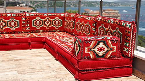 Red L Shaped Sectional Sofa, Terrace Arabic Sofa, Floor Cushions, Arabic Majlis, Poufs, Turkish Floor Seating Set, Sofa Covers, Sofa Bed (L Sofa Only)