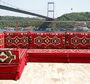 Red L Shaped Sectional Sofa, Terrace Arabic Sofa, Floor Cushions, Arabic Majlis, Poufs, Turkish Floor Seating Set, Sofa Covers, Sofa Bed (L Sofa Only)