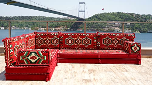 Red L Shaped Sectional Sofa, Terrace Arabic Sofa, Floor Cushions, Arabic Majlis, Poufs, Turkish Floor Seating Set, Sofa Covers, Sofa Bed (L Sofa Only)