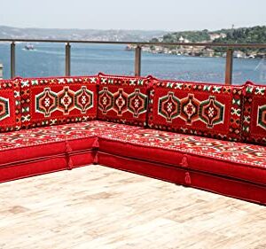 Red L Shaped Sectional Sofa, Terrace Arabic Sofa, Floor Cushions, Arabic Majlis, Poufs, Turkish Floor Seating Set, Sofa Covers, Sofa Bed (L Sofa Only)