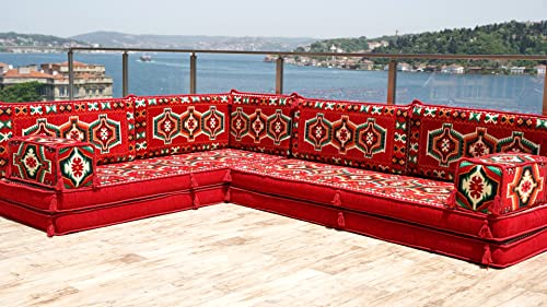 Red L Shaped Sectional Sofa, Terrace Arabic Sofa, Floor Cushions, Arabic Majlis, Poufs, Turkish Floor Seating Set, Sofa Covers, Sofa Bed (L Sofa Only)