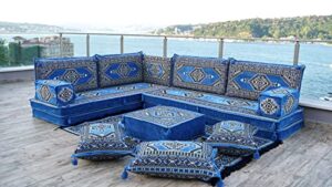 blue premium arabic seating, handmade floor couches, sectional sofas, turkish floor sofas, moroccan livingroom sofas, arabic majlis, sofa slipcovers, living room furniture (l sofa full set)