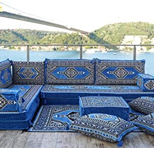 Blue Premium Arabic Seating, Handmade Floor Couches, Sectional Sofas, Turkish Floor Sofas, Moroccan Livingroom Sofas, Arabic Majlis, Sofa Slipcovers, Living Room Furniture (L Sofa Full Set)