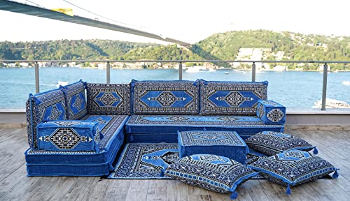 Blue Premium Arabic Seating, Handmade Floor Couches, Sectional Sofas, Turkish Floor Sofas, Moroccan Livingroom Sofas, Arabic Majlis, Sofa Slipcovers, Living Room Furniture (L Sofa Full Set)