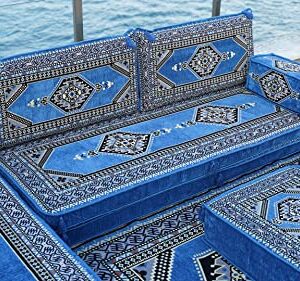 Blue Premium Arabic Seating, Handmade Floor Couches, Sectional Sofas, Turkish Floor Sofas, Moroccan Livingroom Sofas, Arabic Majlis, Sofa Slipcovers, Living Room Furniture (L Sofa Full Set)