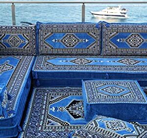 Blue Premium Arabic Seating, Handmade Floor Couches, Sectional Sofas, Turkish Floor Sofas, Moroccan Livingroom Sofas, Arabic Majlis, Sofa Slipcovers, Living Room Furniture (L Sofa Full Set)