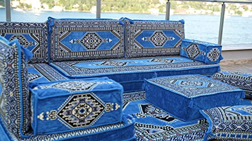 Blue Premium Arabic Seating, Handmade Floor Couches, Sectional Sofas, Turkish Floor Sofas, Moroccan Livingroom Sofas, Arabic Majlis, Sofa Slipcovers, Living Room Furniture (L Sofa Full Set)